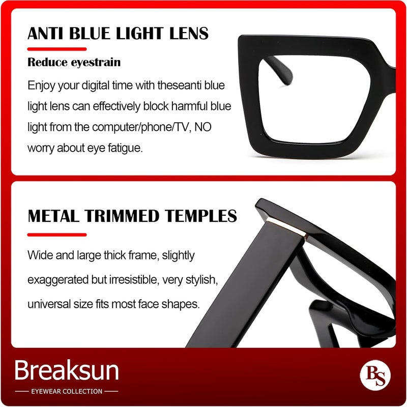 Breaksun Oversized Blue Light Glasses for Women Fashion Thick Square Computer Eyewear Non-Prescription Black Glasses (New Black+ Pink Red) - Image 4